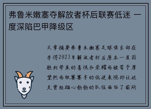 弗鲁米嫩塞夺解放者杯后联赛低迷 一度深陷巴甲降级区