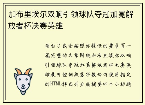加布里埃尔双响引领球队夺冠加冕解放者杯决赛英雄
